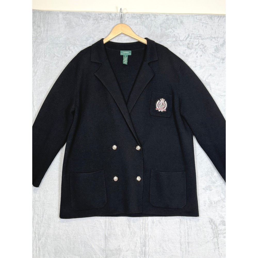 VTG Lauren Ralph Lauren Wool Cardigan Sweater 2X Black Knit Long Sleeve Crest